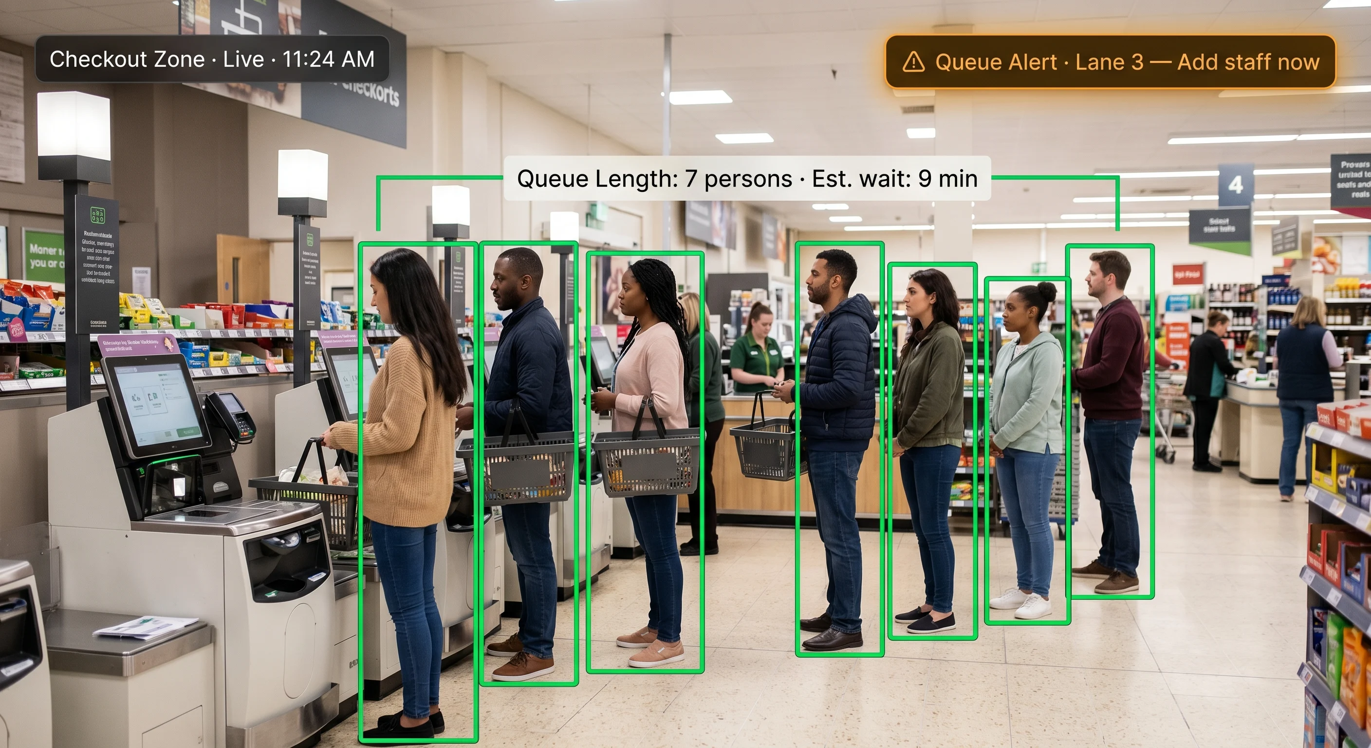 AI queue alert at a retail checkout area